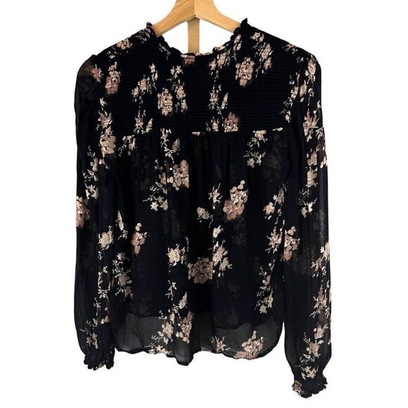 Lucky Brand Semi Sheer Floral Smocked Long Sleeve V-Neck Black Top Sz XS EUC - Picture 6 of 9